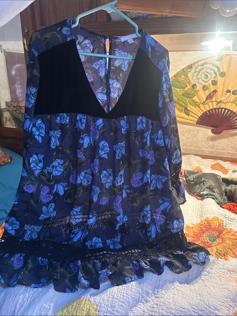 Woman Within Navy Blue Floral V-Neck Top